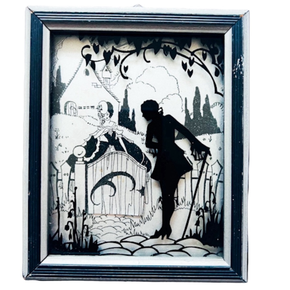 Vintage At The Gate Silhouette Deltex Company Reverse Painting Glass Framed